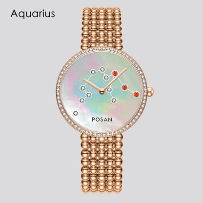 POSAN Watch PSW-001C Classic Zodiac Quartz Watch with Pearl Shell Dial, Gem-Set Constellations & Stainless Steel Bead Bracelet