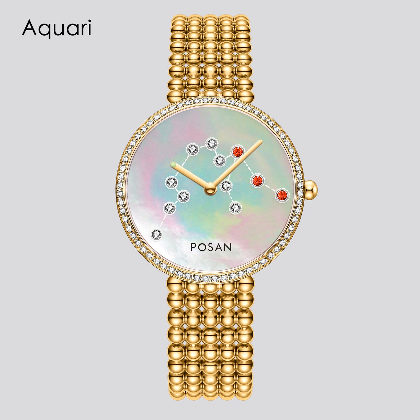 POSAN Watch PSW-001C GOLD Classic Zodiac Quartz Watch with Pearl Shell Dial, Gem-Set Constellations & Stainless Steel Bead Bracelet