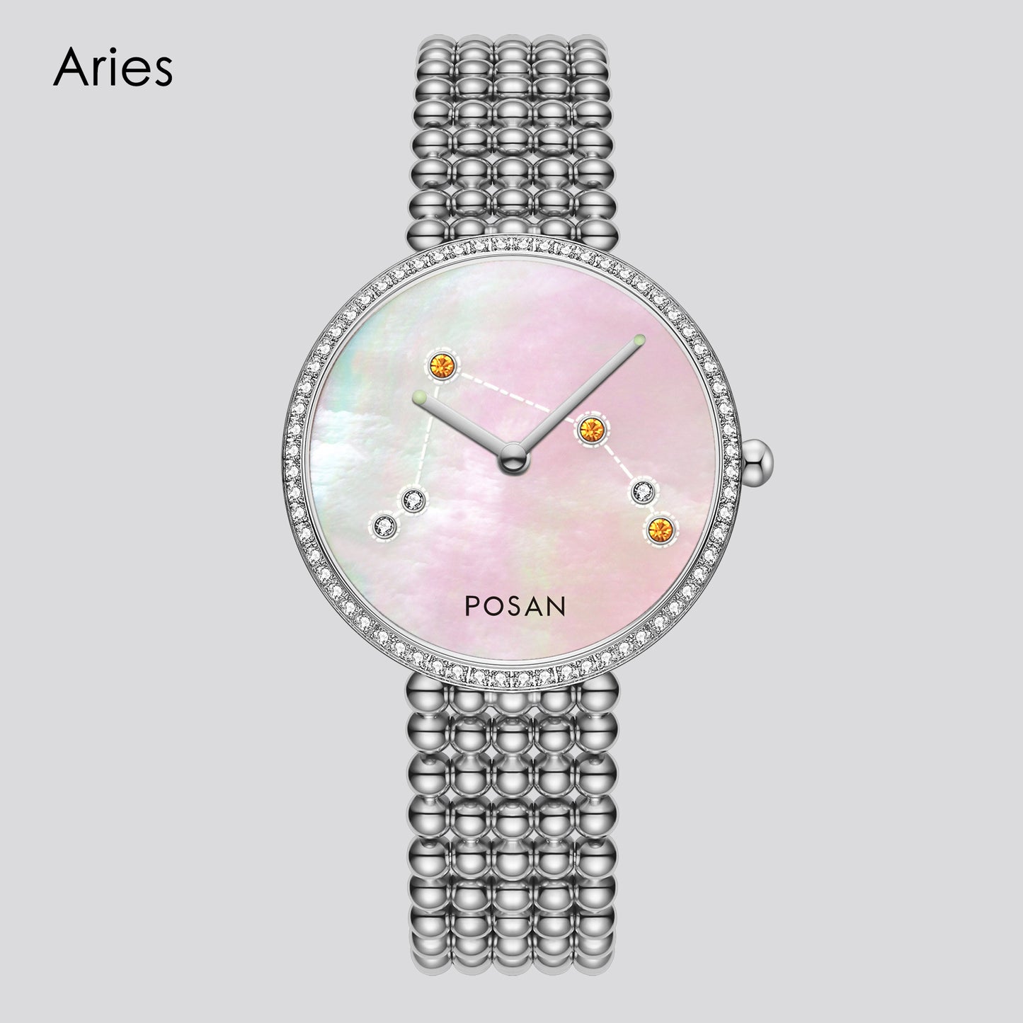 POSAN Watch PSW-001C Classic Zodiac Quartz Watch with Pearl Shell Dial, Gem-Set Constellations & Stainless Steel Bead Bracelet