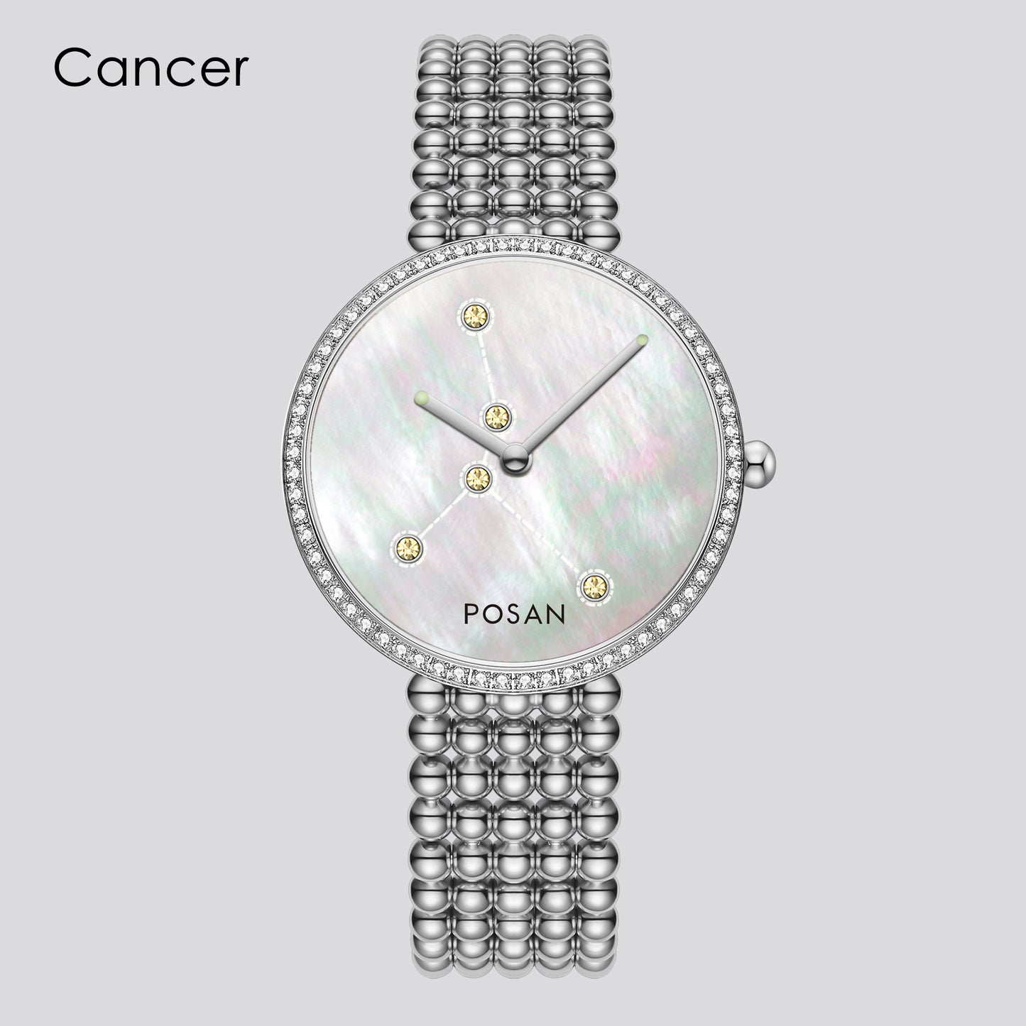 POSAN Watch PSW-001C Classic Zodiac Quartz Watch with Pearl Shell Dial, Gem-Set Constellations & Stainless Steel Bead Bracelet