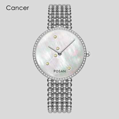 POSAN Watch PSW-001C Classic Zodiac Quartz Watch with Pearl Shell Dial, Gem-Set Constellations & Stainless Steel Bead Bracelet