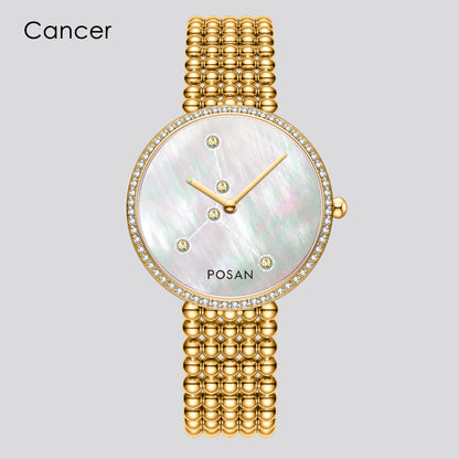 POSAN Watch PSW-001C GOLD Classic Zodiac Quartz Watch with Pearl Shell Dial, Gem-Set Constellations & Stainless Steel Bead Bracelet