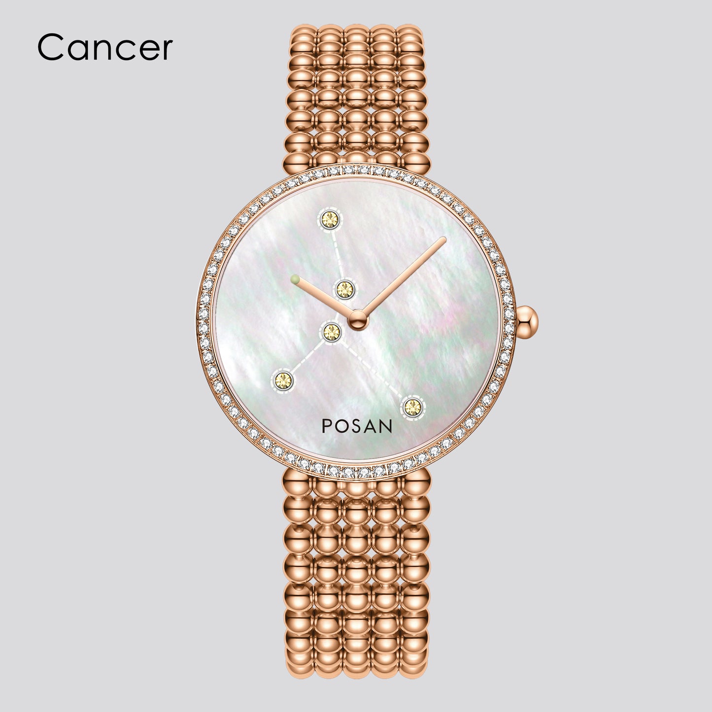 POSAN Watch PSW-001C Classic Zodiac Quartz Watch with Pearl Shell Dial, Gem-Set Constellations & Stainless Steel Bead Bracelet