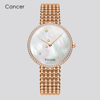 POSAN Watch PSW-001C Classic Zodiac Quartz Watch with Pearl Shell Dial, Gem-Set Constellations & Stainless Steel Bead Bracelet