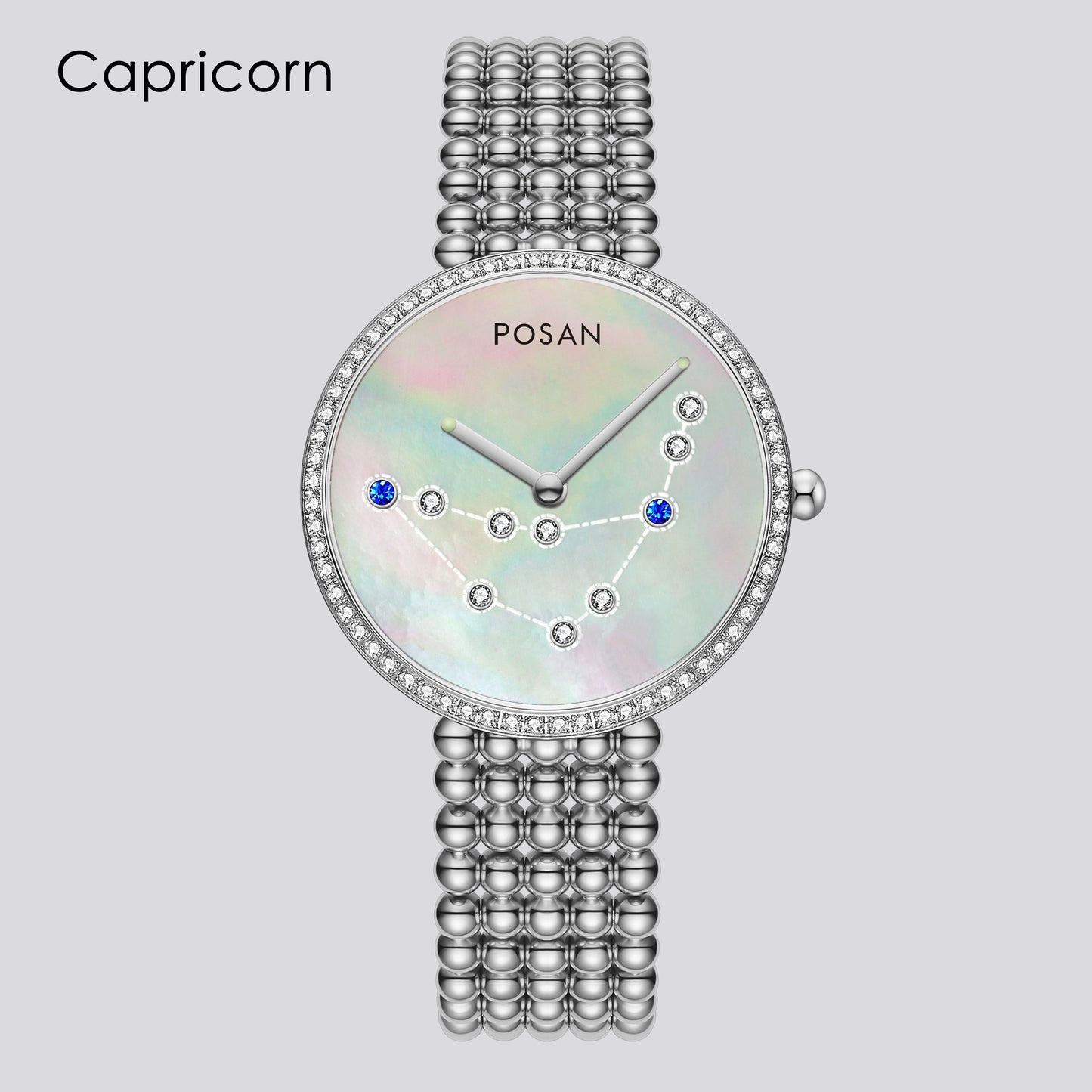 POSAN Watch PSW-001C Classic Zodiac Quartz Watch with Pearl Shell Dial, Gem-Set Constellations & Stainless Steel Bead Bracelet