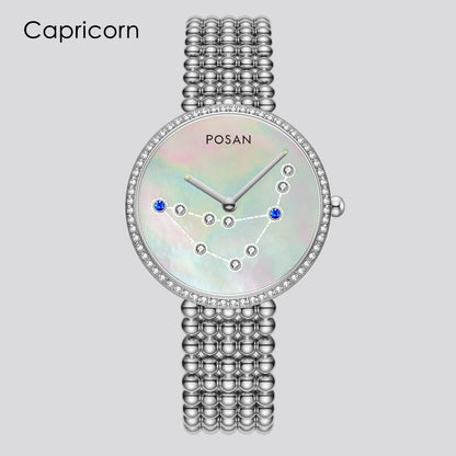 POSAN Watch PSW-001C Classic Zodiac Quartz Watch with Pearl Shell Dial, Gem-Set Constellations & Stainless Steel Bead Bracelet