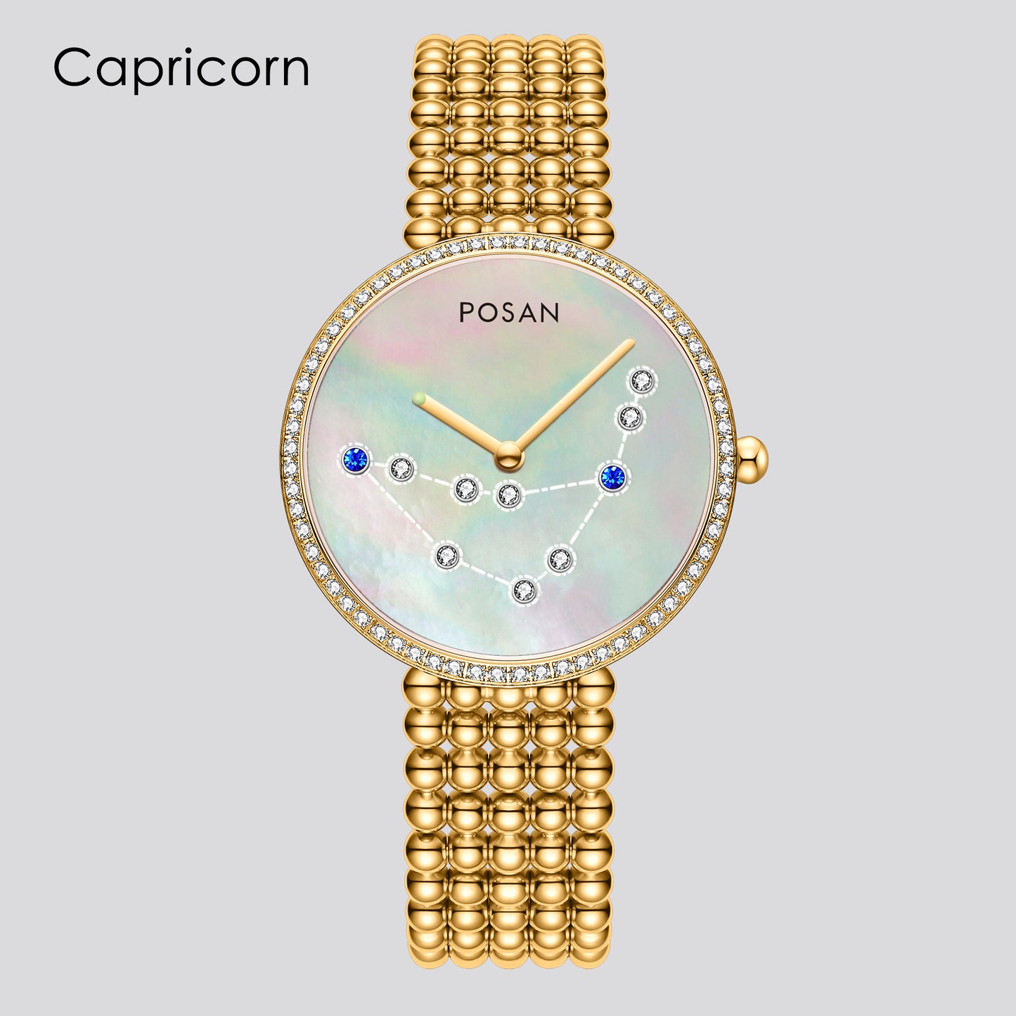 POSAN Watch PSW-001C GOLD Classic Zodiac Quartz Watch with Pearl Shell Dial, Gem-Set Constellations & Stainless Steel Bead Bracelet
