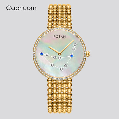 POSAN Watch PSW-001C GOLD Classic Zodiac Quartz Watch with Pearl Shell Dial, Gem-Set Constellations & Stainless Steel Bead Bracelet