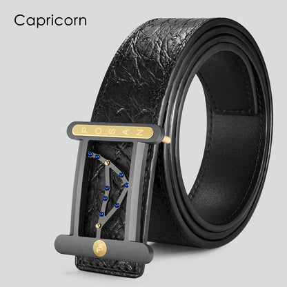 POSAN Belt PSB-001 Ostrich Leather Zodiac Plate Buckle Belt with Titanium & Black-Gold Electroplated Finish