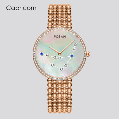 POSAN Watch PSW-001C Classic Zodiac Quartz Watch with Pearl Shell Dial, Gem-Set Constellations & Stainless Steel Bead Bracelet