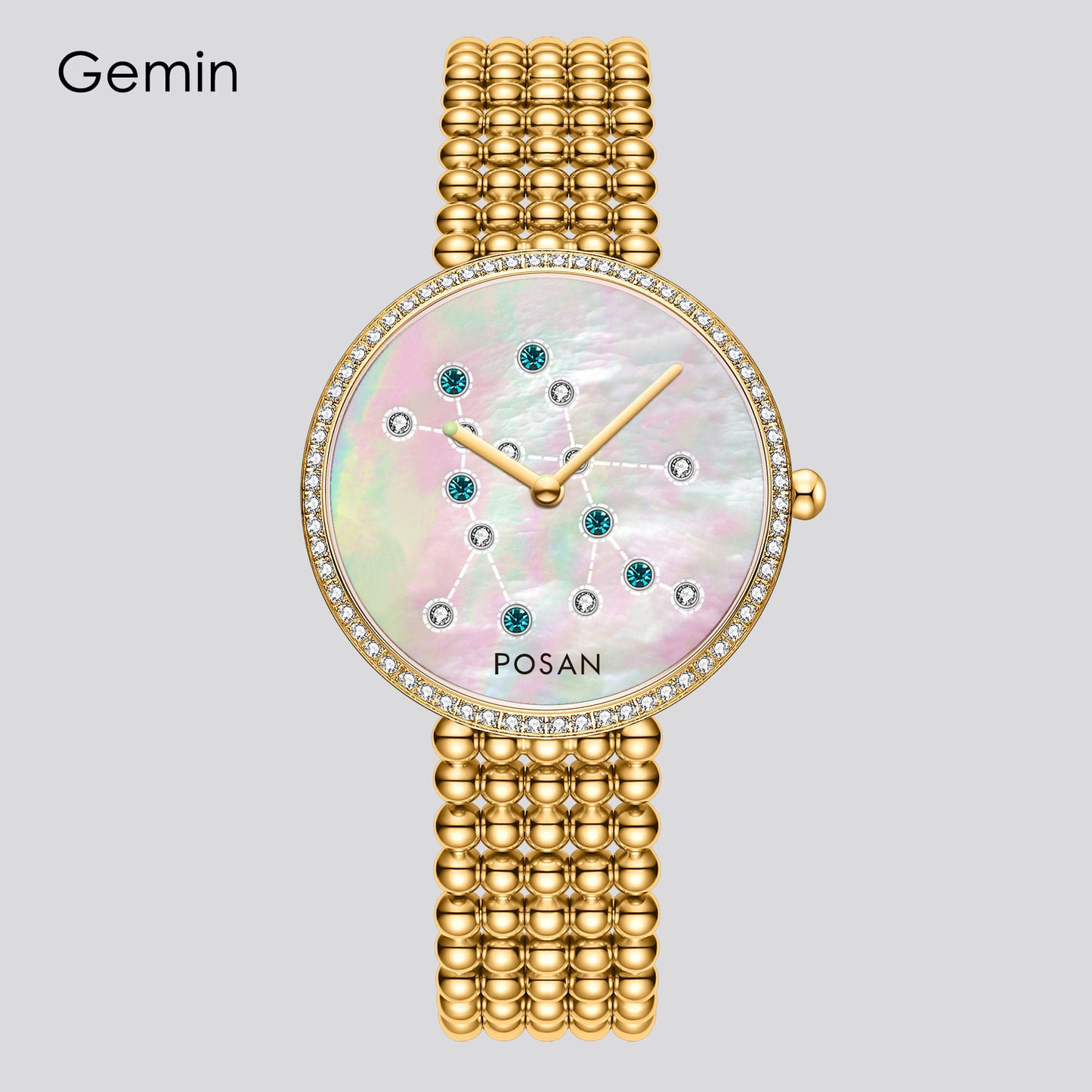 POSAN Watch PSW-001C GOLD Classic Zodiac Quartz Watch with Pearl Shell Dial, Gem-Set Constellations & Stainless Steel Bead Bracelet