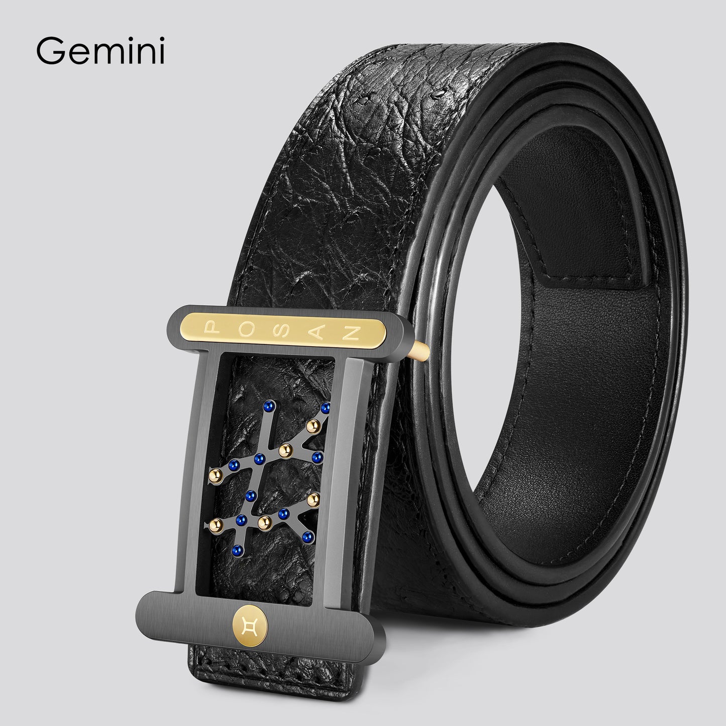 POSAN Belt PSB-001 Ostrich Leather Zodiac Plate Buckle Belt with Titanium & Black-Gold Electroplated Finish