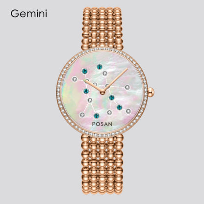 POSAN Watch PSW-001C Classic Zodiac Quartz Watch with Pearl Shell Dial, Gem-Set Constellations & Stainless Steel Bead Bracelet
