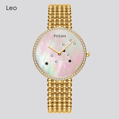 POSAN Watch PSW-001C GOLD Classic Zodiac Quartz Watch with Pearl Shell Dial, Gem-Set Constellations & Stainless Steel Bead Bracelet