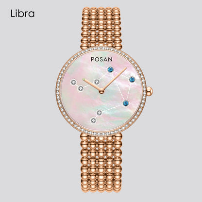 POSAN Watch PSW-001C Classic Zodiac Quartz Watch with Pearl Shell Dial, Gem-Set Constellations & Stainless Steel Bead Bracelet
