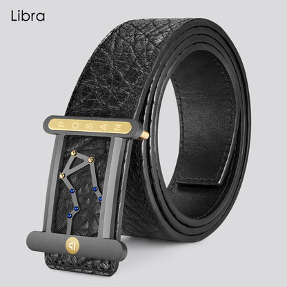 POSAN Belt PSB-001 Wild Cowhide Zodiac Plate Buckle Belt with Titanium & Black-Gold Electroplated Finish