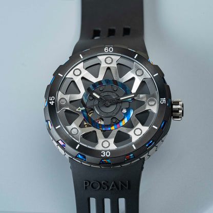 POSAN Watch PSW-001 BLACK Gradient Damascus Titanium Watch Timascus Anodized Color Finish with Skeleton Dial & Screw-down Crown