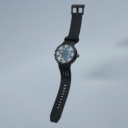 POSAN Watch PSW-001 BLACK Gradient Damascus Titanium Watch Timascus Anodized Color Finish with Skeleton Dial & Screw-down Crown