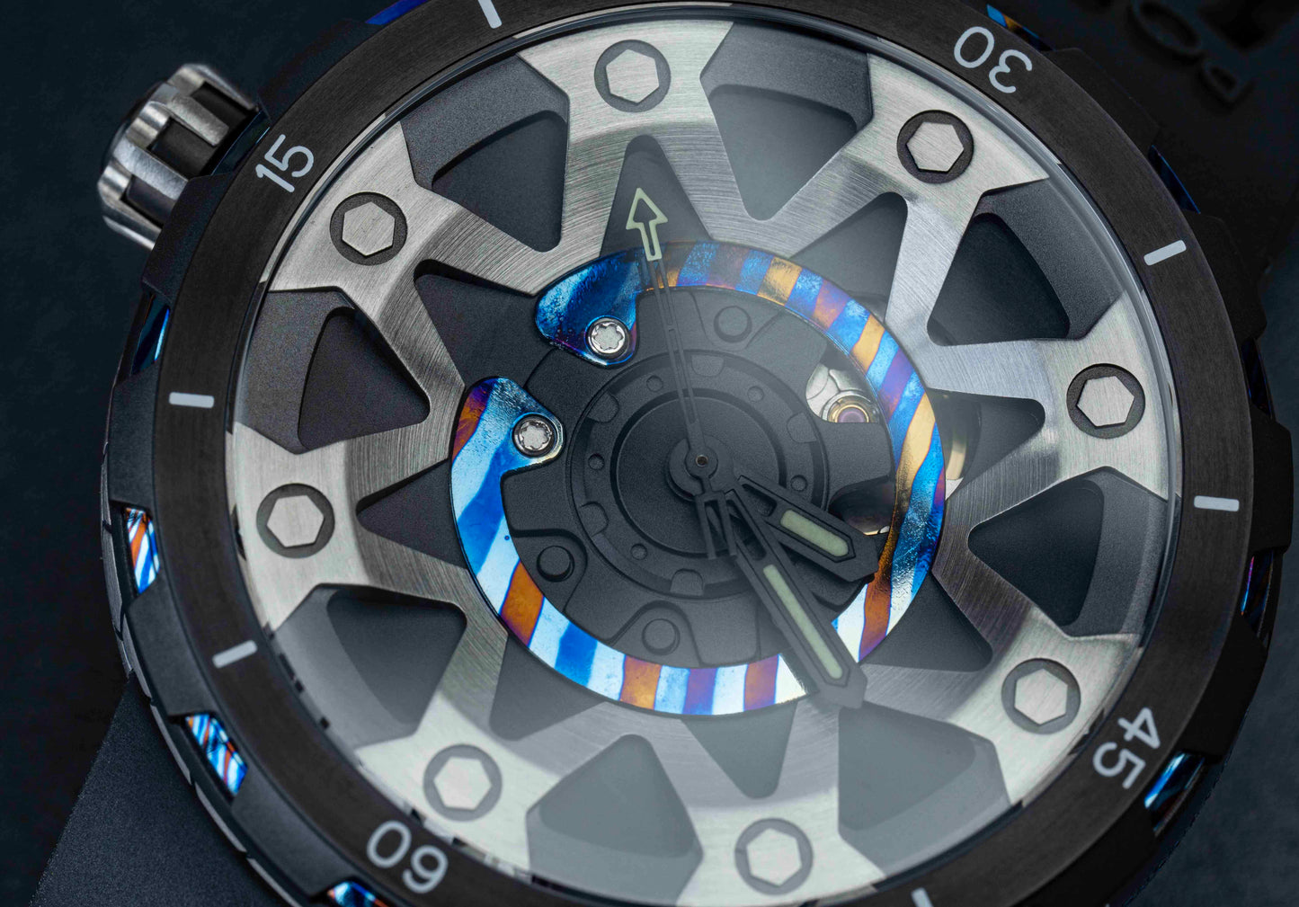 POSAN Watch PSW-001 BLACK Gradient Damascus Titanium Watch Timascus Anodized Color Finish with Skeleton Dial & Screw-down Crown