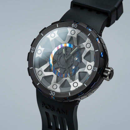 POSAN Watch PSW-001 BLACK Gradient Damascus Titanium Watch Timascus Anodized Color Finish with Skeleton Dial & Screw-down Crown