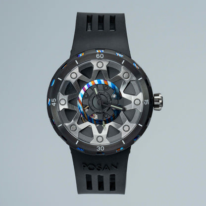 POSAN Watch PSW-001 BLACK Gradient Damascus Titanium Watch Timascus Anodized Color Finish with Skeleton Dial & Screw-down Crown