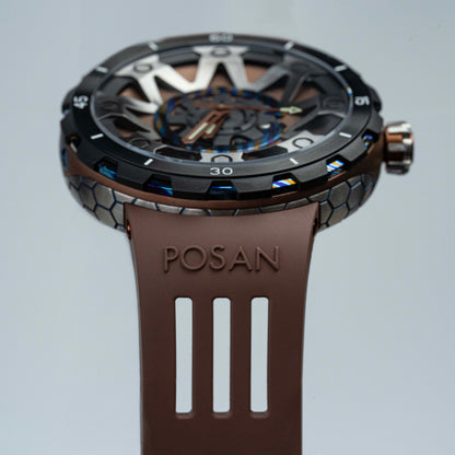 POSAN Watch PSW-001 COFFE Gradient Damascus Titanium Watch Timascus Anodized Color Finish with Skeleton Dial & Screw-down Crown