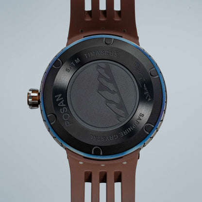 POSAN Watch PSW-001 COFFE Gradient Damascus Titanium Watch Timascus Anodized Color Finish with Skeleton Dial & Screw-down Crown