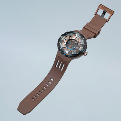 POSAN Watch PSW-001 COFFE Gradient Damascus Titanium Watch Timascus Anodized Color Finish with Skeleton Dial & Screw-down Crown
