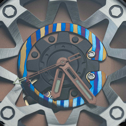 POSAN Watch PSW-001 COFFE Gradient Damascus Titanium Watch Timascus Anodized Color Finish with Skeleton Dial & Screw-down Crown