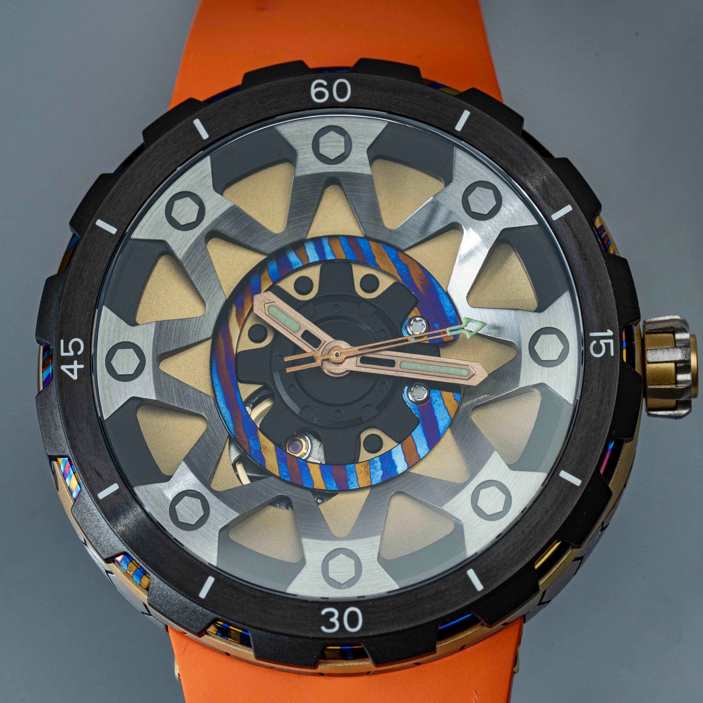 POSAN Watch PSW-001 GOLD Gradient Damascus Titanium Watch Timascus Anodized Color Finish with Skeleton Dial & Screw-down Crown