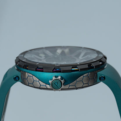 POSAN Watch PSW-001 GREEN Gradient Damascus Titanium Watch Timascus Anodized Color Finish with Skeleton Dial & Screw-down Crown