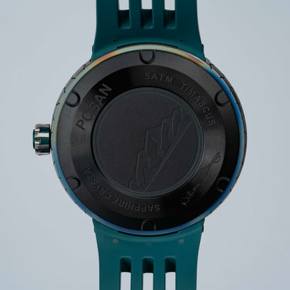 POSAN Watch PSW-001 GREEN Gradient Damascus Titanium Watch Timascus Anodized Color Finish with Skeleton Dial & Screw-down Crown