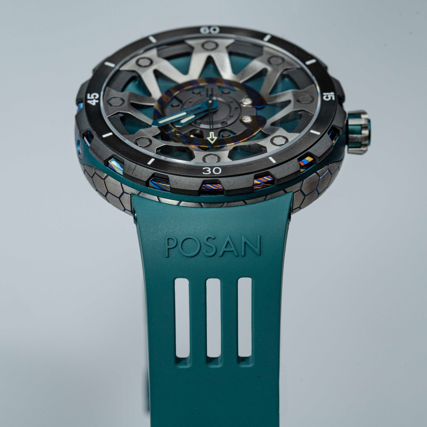 POSAN Watch PSW-001 GREEN Gradient Damascus Titanium Watch Timascus Anodized Color Finish with Skeleton Dial & Screw-down Crown