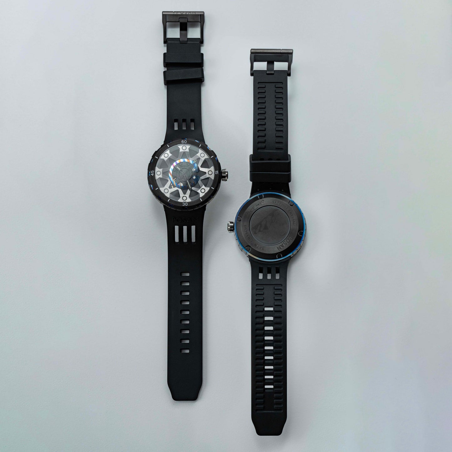 POSAN Watch PSW-001 BLACK Gradient Damascus Titanium Watch Timascus Anodized Color Finish with Skeleton Dial & Screw-down Crown