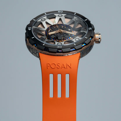 POSAN Watch PSW-001 ROSE Gradient Damascus Titanium Watch Timascus Anodized Color Finish with Skeleton Dial & Screw-down Crown