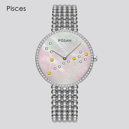 POSAN Watch PSW-001C Classic Zodiac Quartz Watch with Pearl Shell Dial, Gem-Set Constellations & Stainless Steel Bead Bracelet