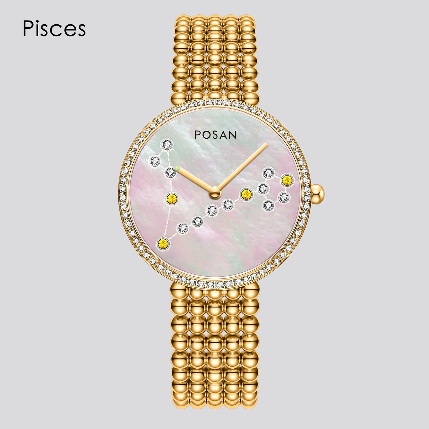 POSAN Watch PSW-001C GOLD Classic Zodiac Quartz Watch with Pearl Shell Dial, Gem-Set Constellations & Stainless Steel Bead Bracelet