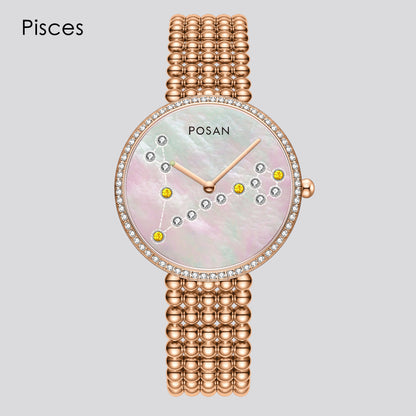POSAN Watch PSW-001C Classic Zodiac Quartz Watch with Pearl Shell Dial, Gem-Set Constellations & Stainless Steel Bead Bracelet