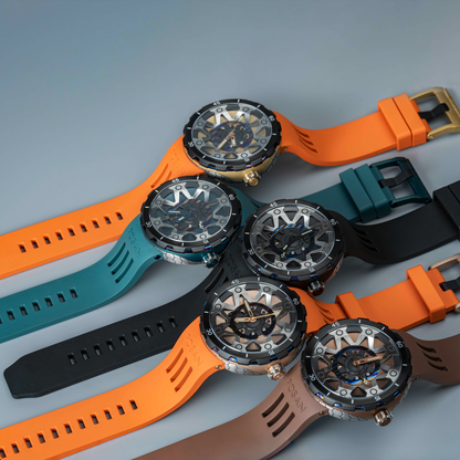 POSAN Watch PSW-001 BLACK Gradient Damascus Titanium Watch Timascus Anodized Color Finish with Skeleton Dial & Screw-down Crown