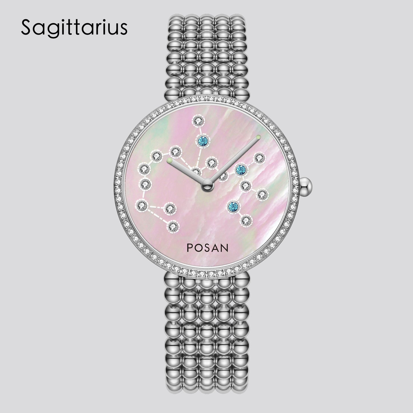 POSAN Watch PSW-001C Classic Zodiac Quartz Watch with Pearl Shell Dial, Gem-Set Constellations & Stainless Steel Bead Bracelet