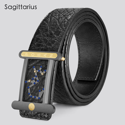POSAN Belt PSB-001 Wild Cowhide Zodiac Plate Buckle Belt with Titanium & Black-Gold Electroplated Finish
