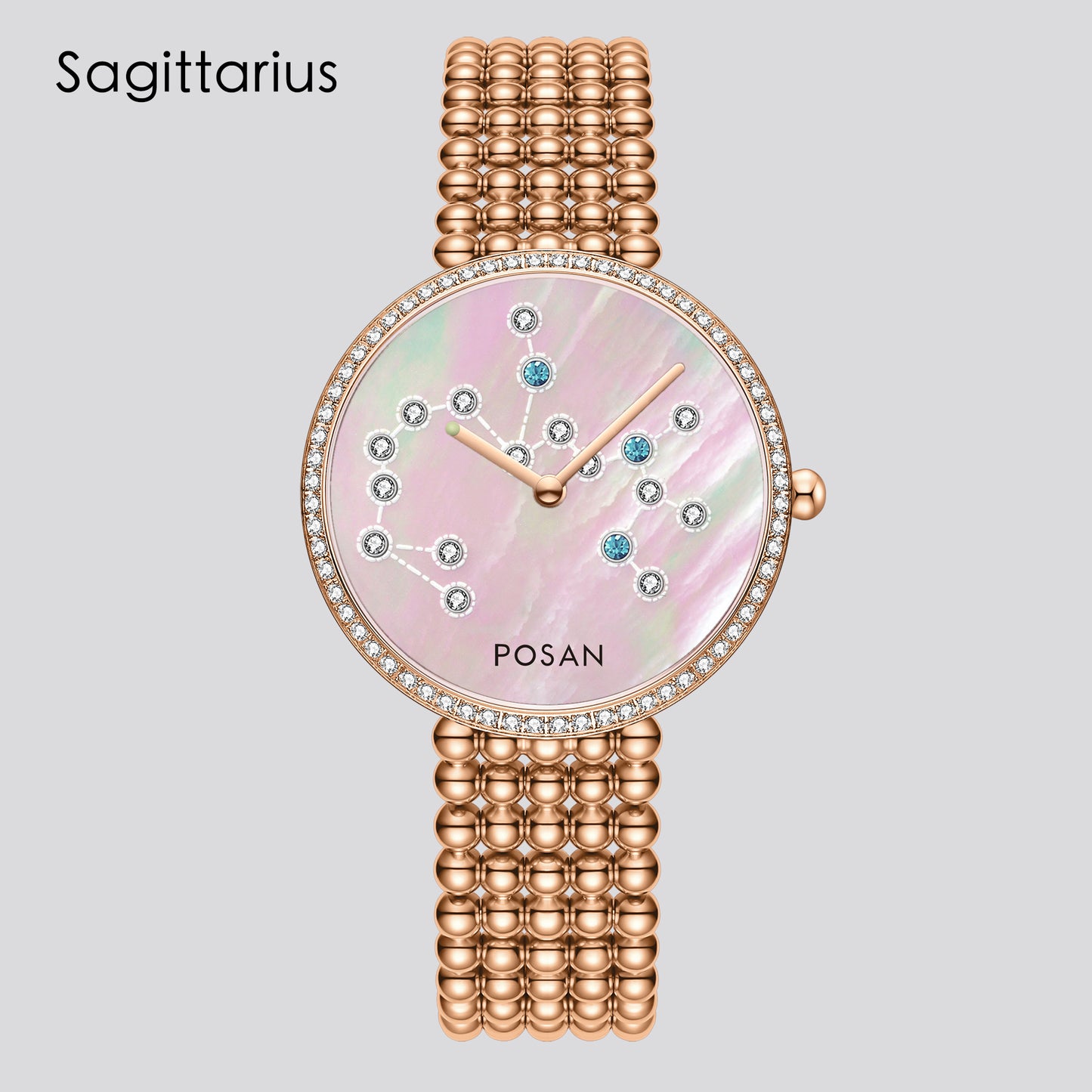POSAN Watch PSW-001C Classic Zodiac Quartz Watch with Pearl Shell Dial, Gem-Set Constellations & Stainless Steel Bead Bracelet