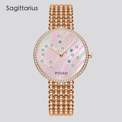 POSAN Watch PSW-001C Classic Zodiac Quartz Watch with Pearl Shell Dial, Gem-Set Constellations & Stainless Steel Bead Bracelet