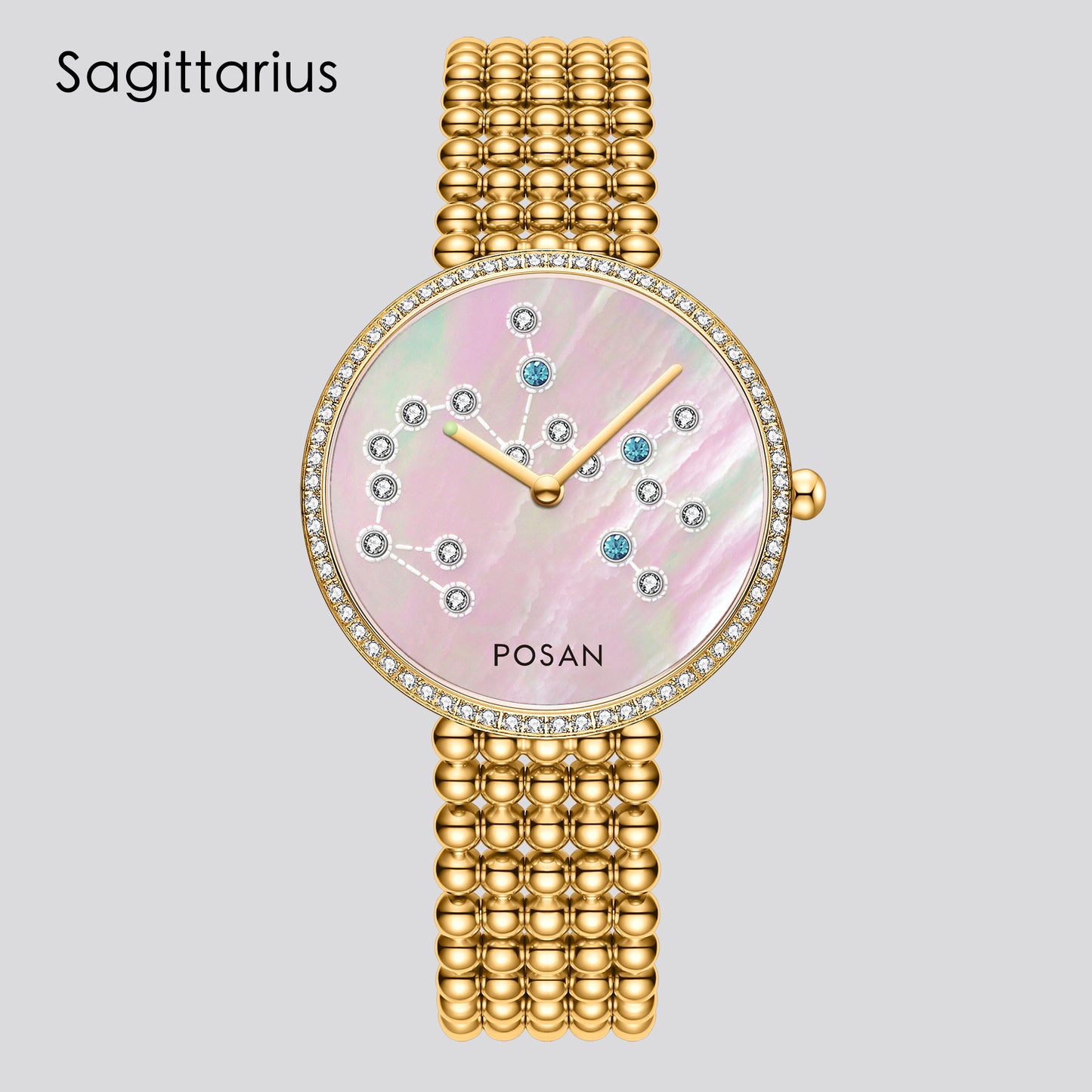POSAN Watch PSW-001C GOLD Classic Zodiac Quartz Watch with Pearl Shell Dial, Gem-Set Constellations & Stainless Steel Bead Bracelet