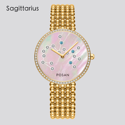 POSAN Watch PSW-001C GOLD Classic Zodiac Quartz Watch with Pearl Shell Dial, Gem-Set Constellations & Stainless Steel Bead Bracelet