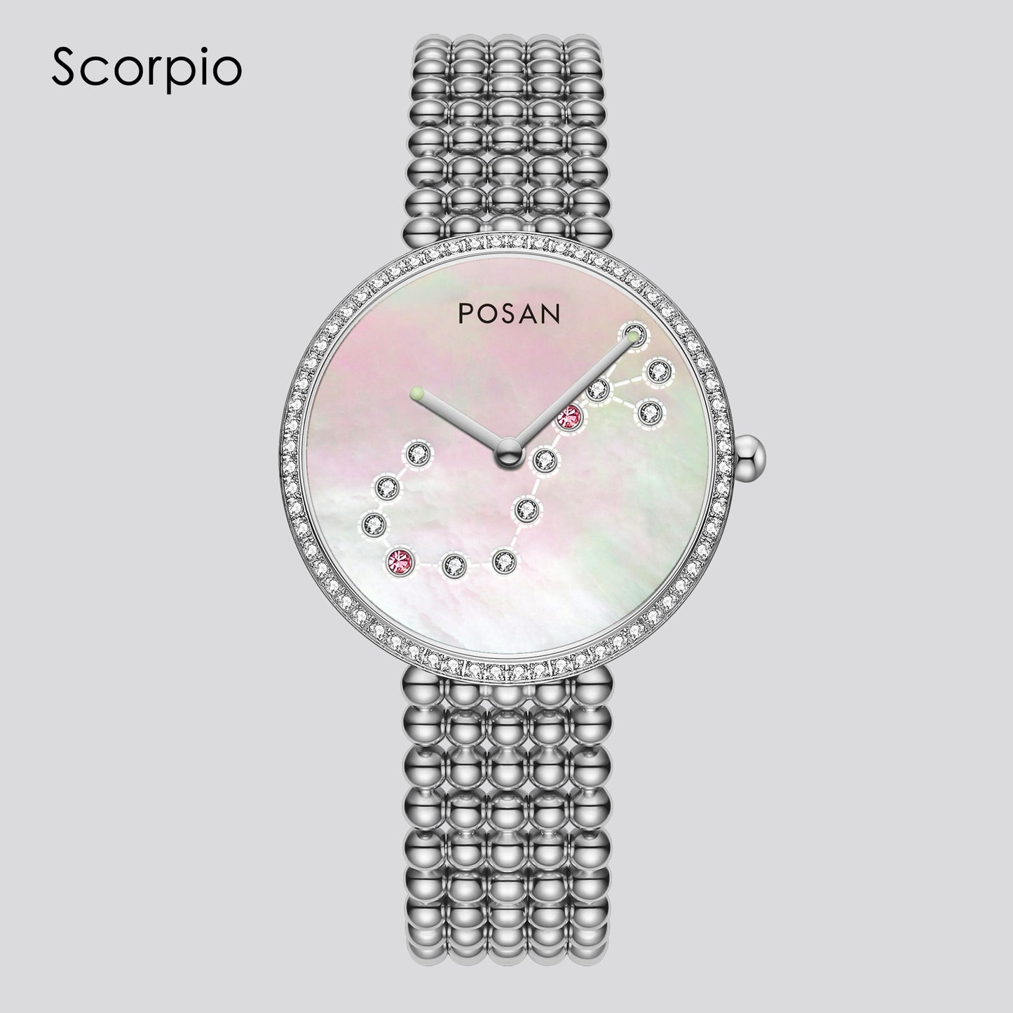 POSAN Watch PSW-001C Classic Zodiac Quartz Watch with Pearl Shell Dial, Gem-Set Constellations & Stainless Steel Bead Bracelet