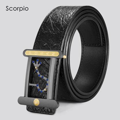 POSAN Belt PSB-001 Ostrich Leather Zodiac Plate Buckle Belt with Titanium & Black-Gold Electroplated Finish