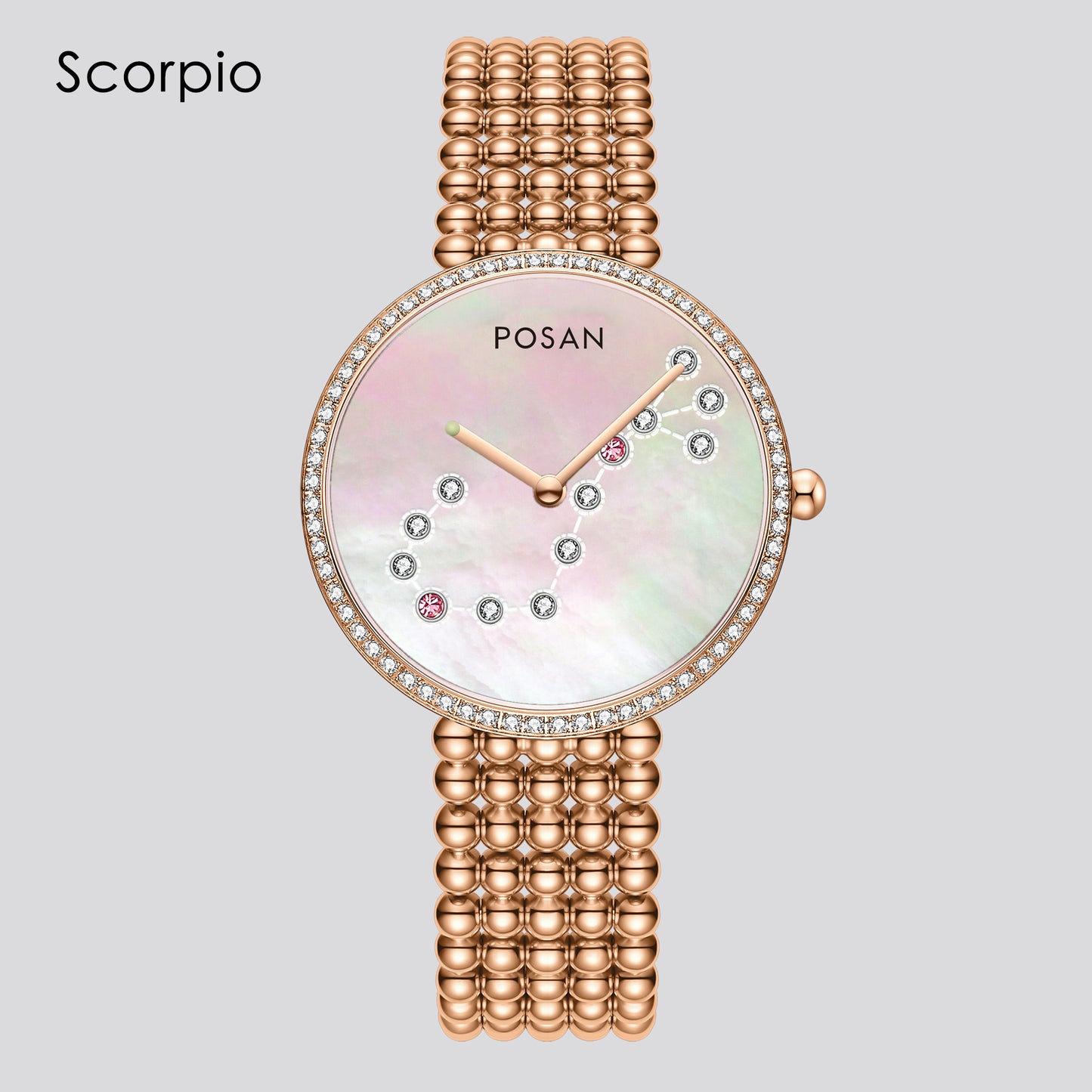 POSAN Watch PSW-001C Classic Zodiac Quartz Watch with Pearl Shell Dial, Gem-Set Constellations & Stainless Steel Bead Bracelet