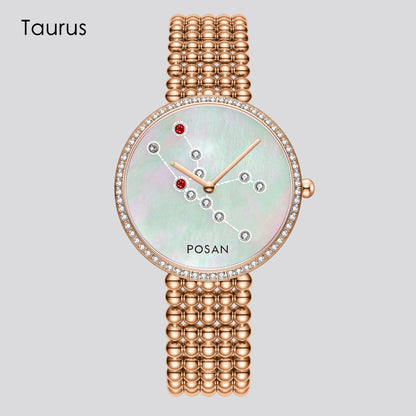 POSAN Watch PSW-001C Classic Zodiac Quartz Watch with Pearl Shell Dial, Gem-Set Constellations & Stainless Steel Bead Bracelet