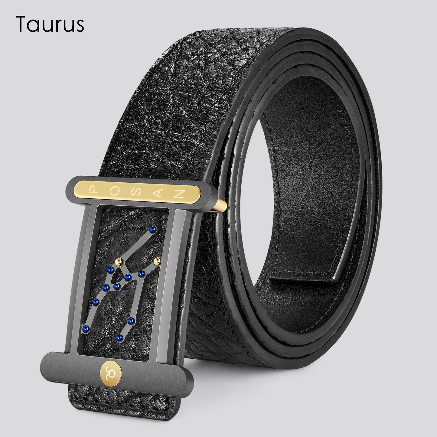POSAN Belt PSB-001 Wild Cowhide Zodiac Plate Buckle Belt with Titanium & Black-Gold Electroplated Finish